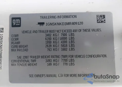 2021 Chevrolet Tahoe 4Wd Lt из США, поврежденный, VIN 1GNSKNKD3MR409120